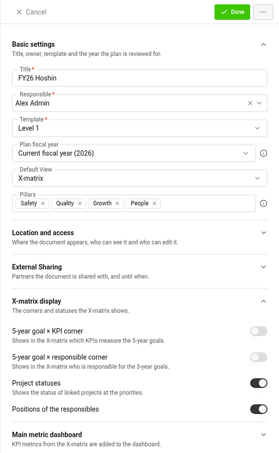 Settings panel